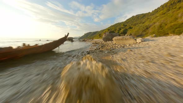 Drone Over Sea And Beach With Shipwrecks