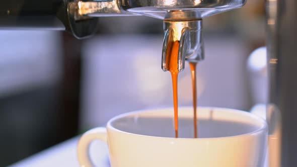 Fresh Coffee Pouring Down From Portafilter of Espresso Machine Into White Ceramic Cup