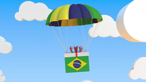 Box with National Flag of Brazil Falls with a Parachute