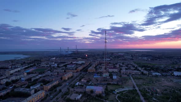 Pink Sunset Over a Small Town