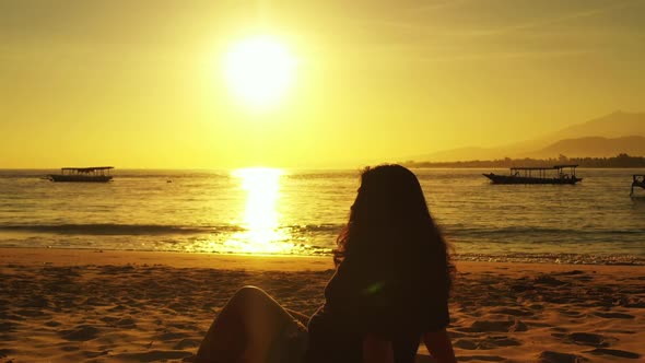 Single lady loves life on tranquil resort beach break by blue lagoon and bright sandy background of 