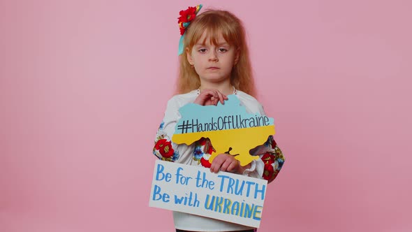 Ttoddler Ukrainian Girl Alone Protesting War Conflict Raises Inscription Massage Hands Off Ukraine