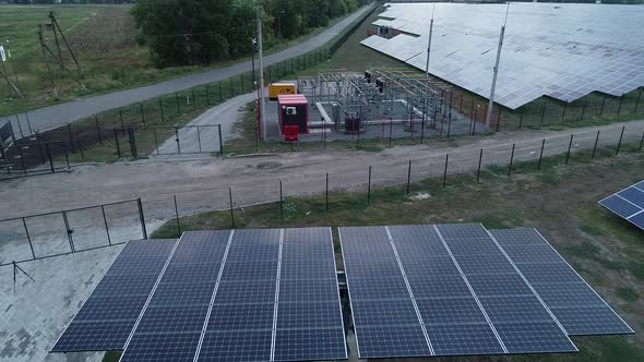 View of a Big Transformer at a Solar Power Station in the Field Modern Tech