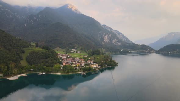 Aerial view of Ledro with lake, Trentino, Val di Ledro in North Italy. Shot in 4k