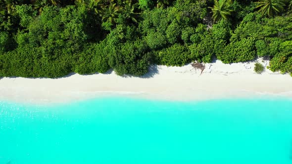 Aerial top down travel of idyllic island beach adventure by shallow ocean with white sand background