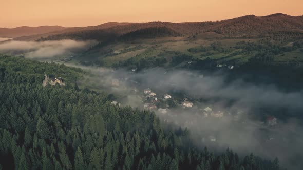 Carpathian Mountain Village in Mist Forest Sunrise Colors