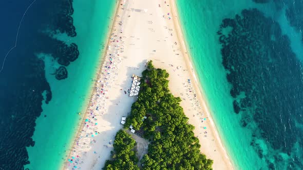 Croatia, Hvar island, Bol. Aerial view at the Zlatni Rat. Beach and sea from air.