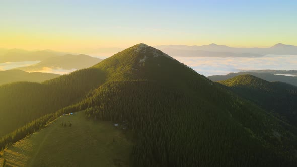 Aerial View of Bright Foggy Morning Over Dark Peak with Mountain Forest Trees at Autumn Sunrise