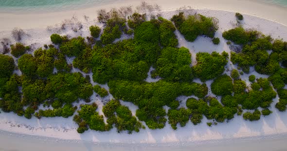 Daytime above tourism shot of a sunshine white sandy paradise beach and aqua turquoise water backgro