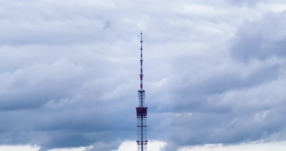 Footage Telecom Antenna Tower Background of Time Lapse Gray Moving Clouds