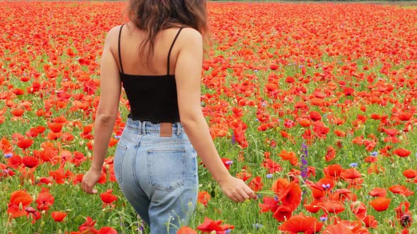 A beautiful young mixed-race woman stands in a field of beautiful red flowers.