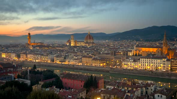 Florence After Sunset, Italy. Night View of Illuminated Florence Old City Center with Sunset Sky