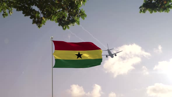 Ghana Flag With Airplane And City -3D rendering alt
