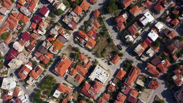 Aerial Drone View of City Buildings with Red Roofs