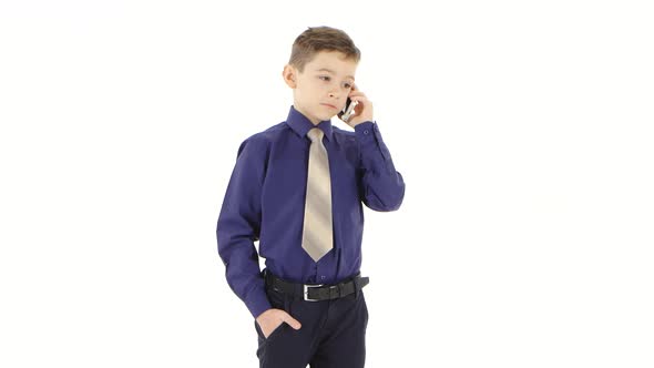 Teenager Boy Businessman Scolds Subordinates By Phone on White Studio