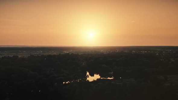 Orange Sunset Sun Over River Countryside Forest