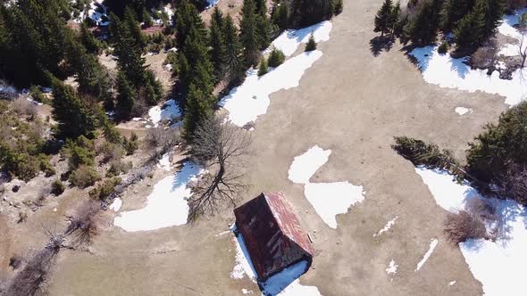 Aerial View Of The Abandoned House On Top Mountain