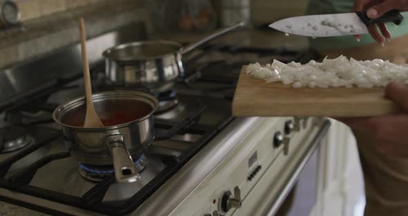 Hands of biracial woman cooking, putting vegetables into saucepan