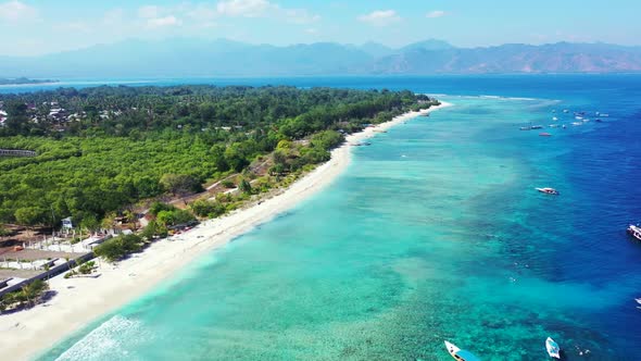 Aerial drone nature of idyllic shore beach voyage by blue ocean and bright sandy background of a day