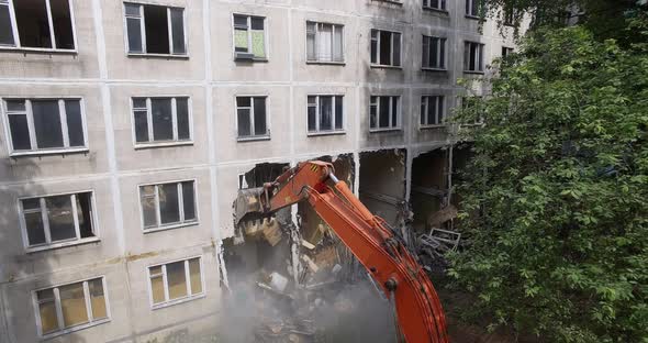 Taking Down Dilapidated Apartment House, Aerial View