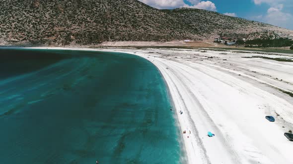 Aerial view of Salda Lake and in the summer season.With its white sandy beach and turquoise waters. 