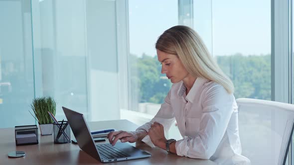 Tired Office Female Worker Sneezing From Allergy Blowing Nose Using Napkins