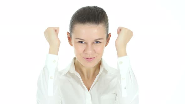 Winning Woman Celebrating Success, White Background