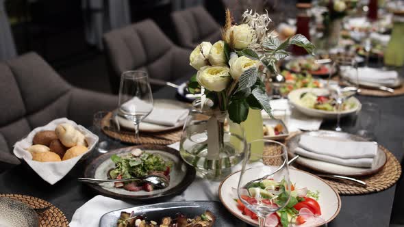 food and drinks on the festive table in the restaurant