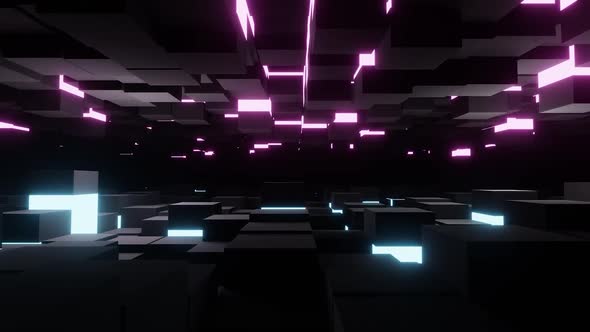 Vj Loop Pink And Blue Neon Movement Of The Black Metallic Cubes HD