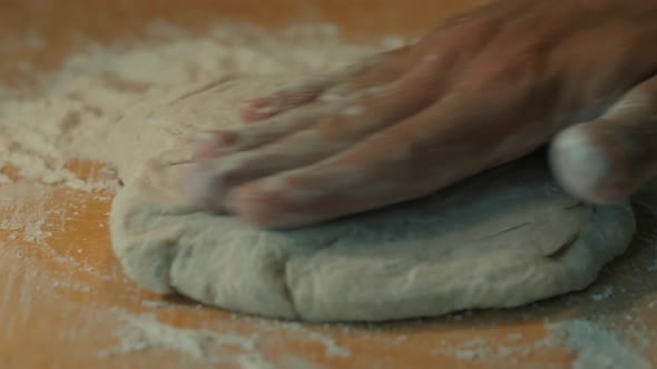 Chef With Flour Make Pasta. Baker’s Hands On Cuisine Preparing Bread Or Pie. Italian Food.