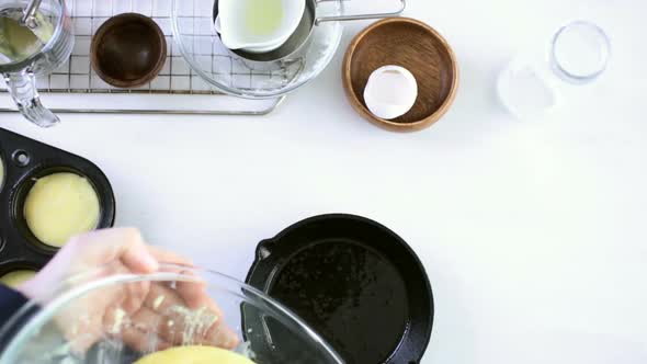 Step by step. Preparing traditional sweet cornbread from organic ingredients