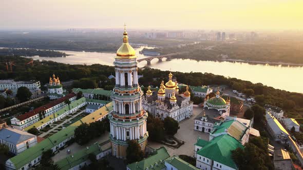 Kyiv, Ukraine: Aerial View of Kyiv-Pechersk Lavra in the Morning at Sunrise.