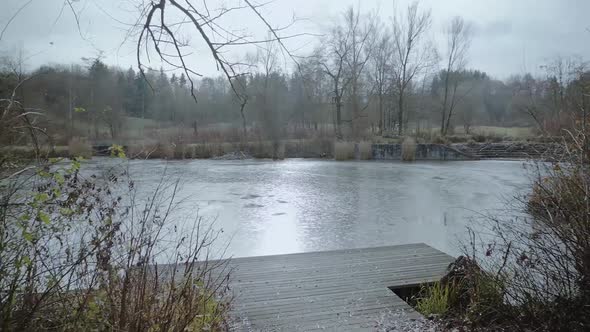 A frozen lake with a bridge and a lonely pier in a winter atmosphere, tree in the foreground