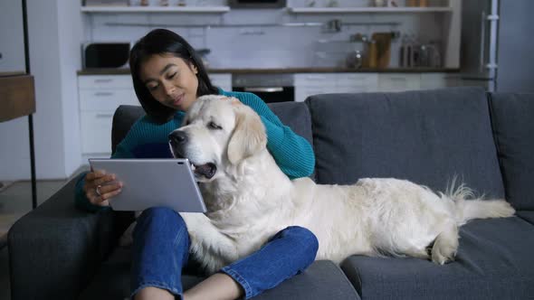 Young Indian Woman Watching Laptop with Huge Dog