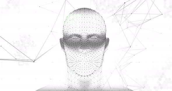 Human head model spinning against network of connections on white background