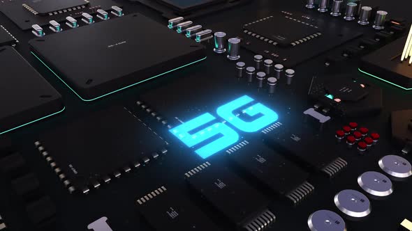 5g header. next generation chip and processor animation. big power technological breakthrough alt