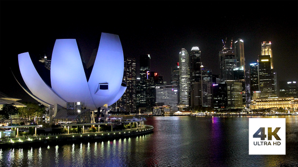 Singapore ArtScience Museum and CBD by Night Timelapse