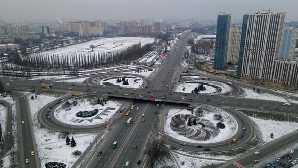 Aerial Drone View of Road Junction Large Car Interchange