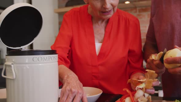 Senior Caucasian couple cooking together in the kitchen