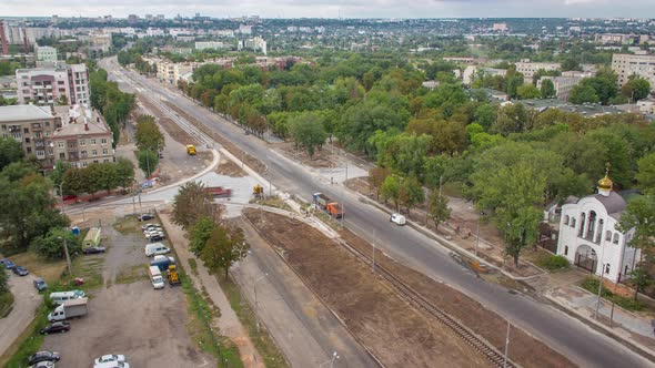 Panoramic Aerial View of Road Big Construction Site Timelapse