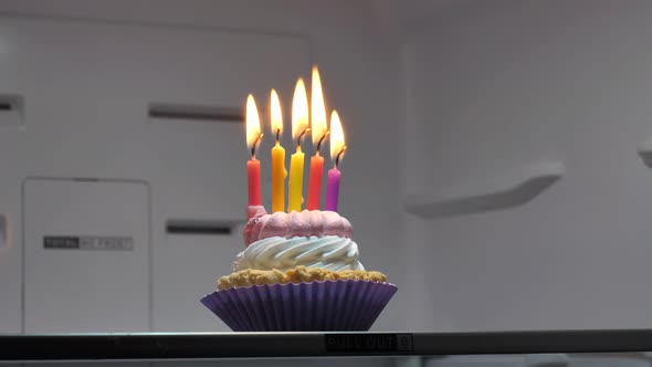 birthday cupcake with lit candles in fridge, fridge door opening and closing