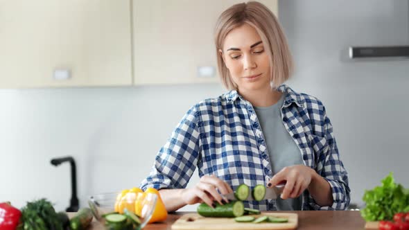 Medium Closeup Attractive Young Female Enjoying Cooking Healthy Food Fresh Vegetable Salad