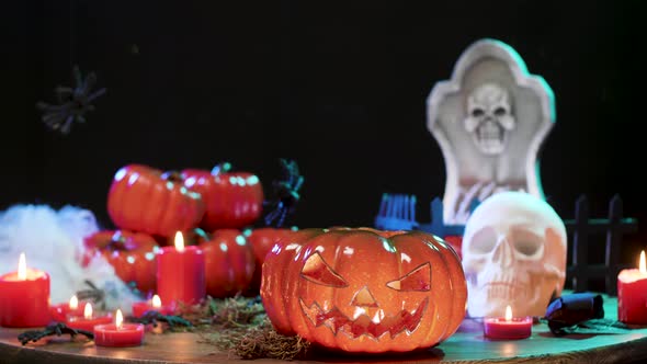 Carved Pumpkin, Skull and Other Halloween Decorations