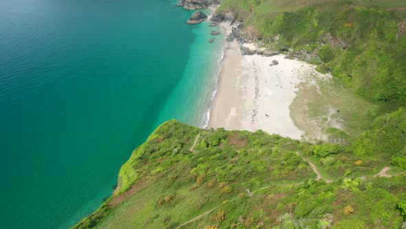 Aerial view of Lantic Bay, Fowey with people on the beach enjoying the sunshine.