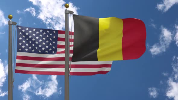 Usa Flag Vs Belgium Flag On Flagpole
