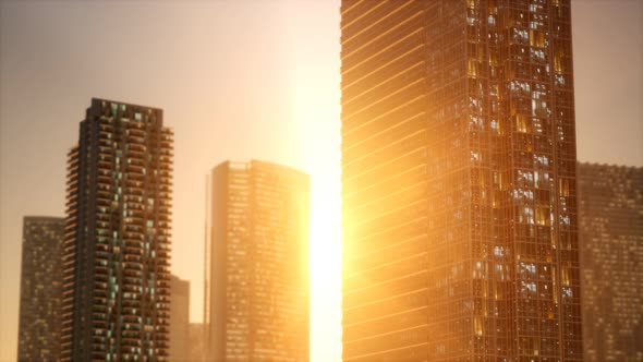 Sunset Aerial Shot of Skyscrapers of Business Centre