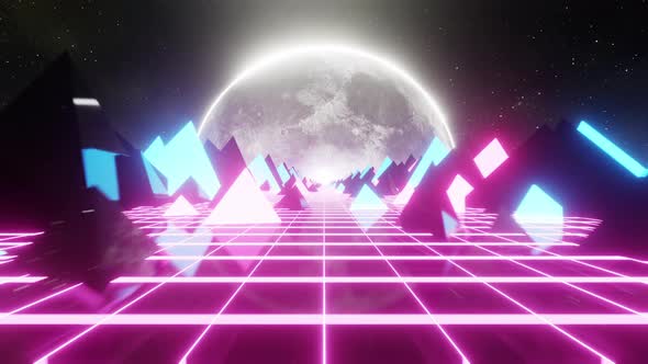 80s Retrowave Neon Grid and Terrain Brackground 4K