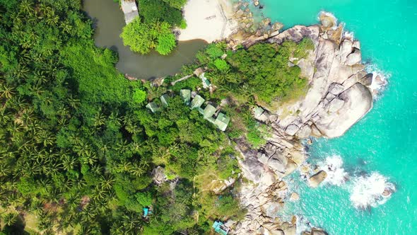 Beautiful palm forest on the coast with a small channel, sand beach and rocks. Crystal clear turquoi