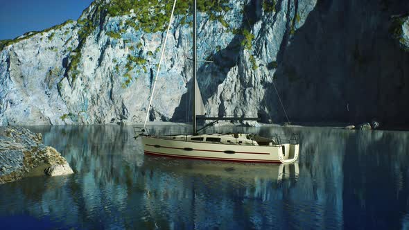 White Yacht Anchored in a Bay with Rocky Cliffs
