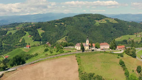Aerial View of Austrian Vilage Kitzeck in Vineyard Region of Styria